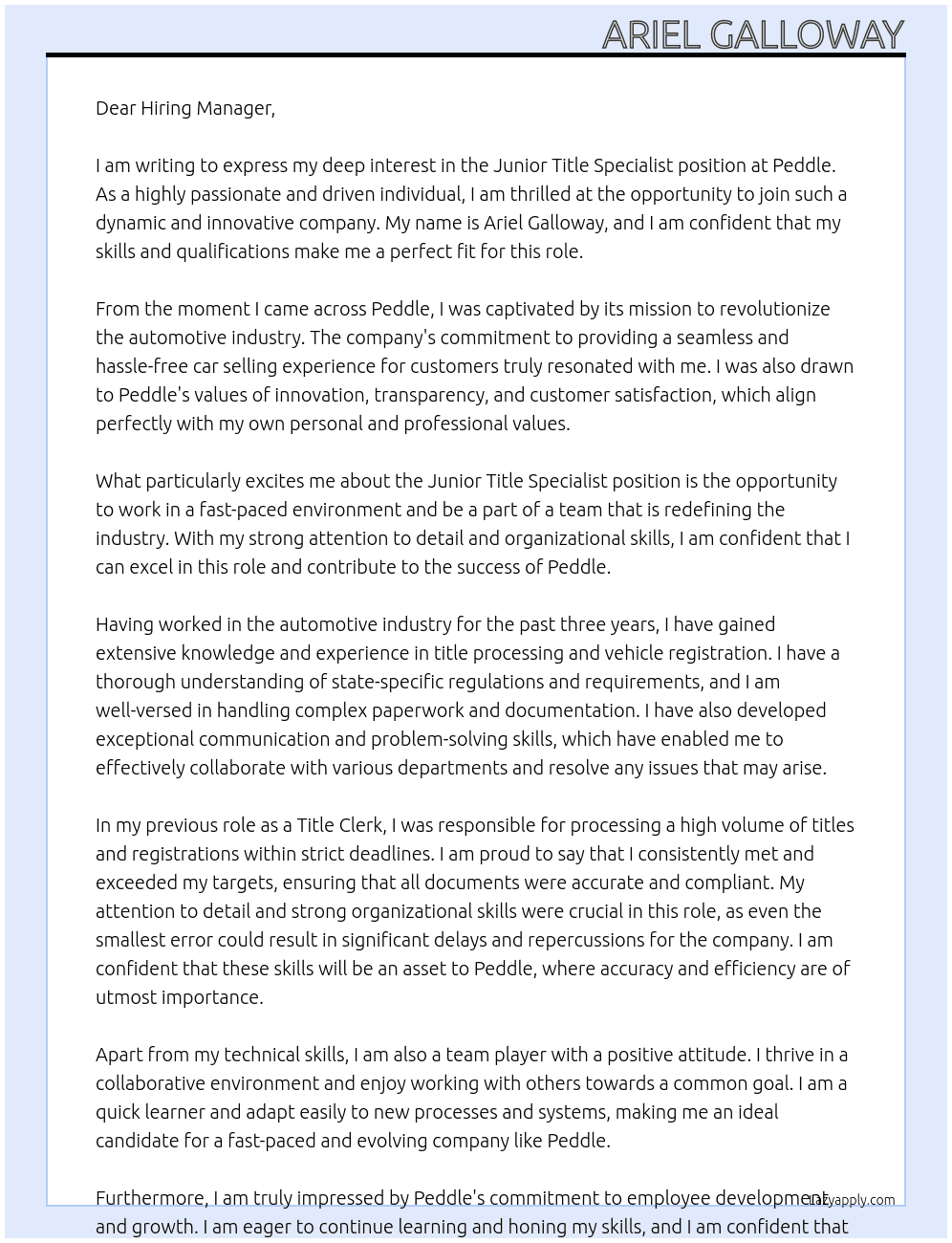 Junior Title Specialist At Peddle Cover Letter