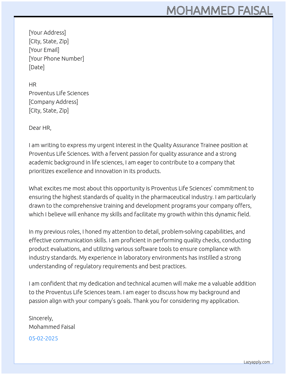 Quality assurance trainee At Proventus Life Sciences Cover Letter