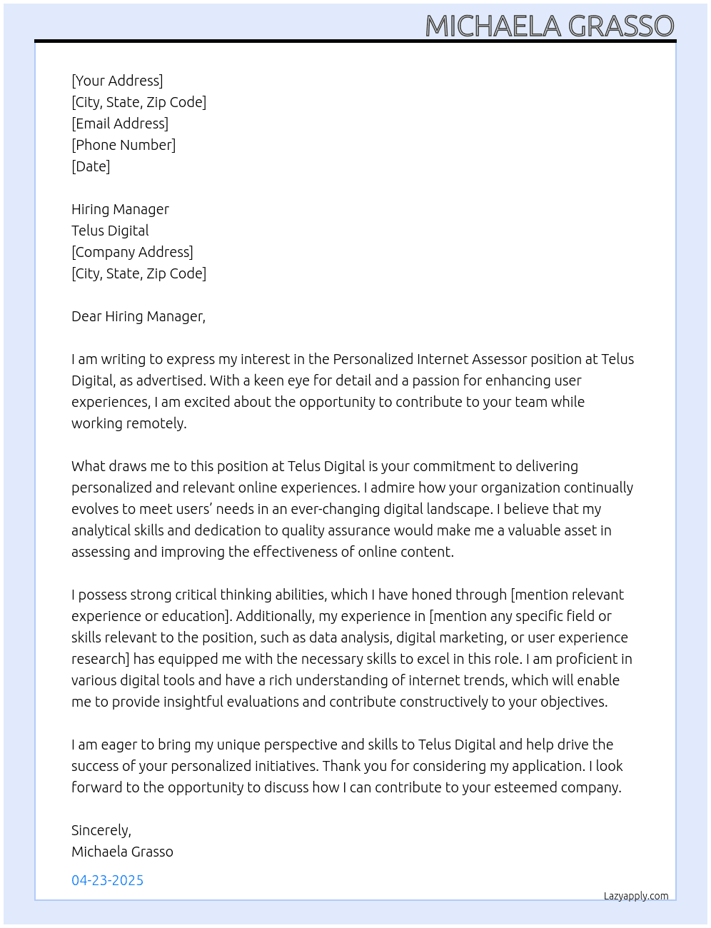 Cover letter for personalized internet assessor - LazyApply