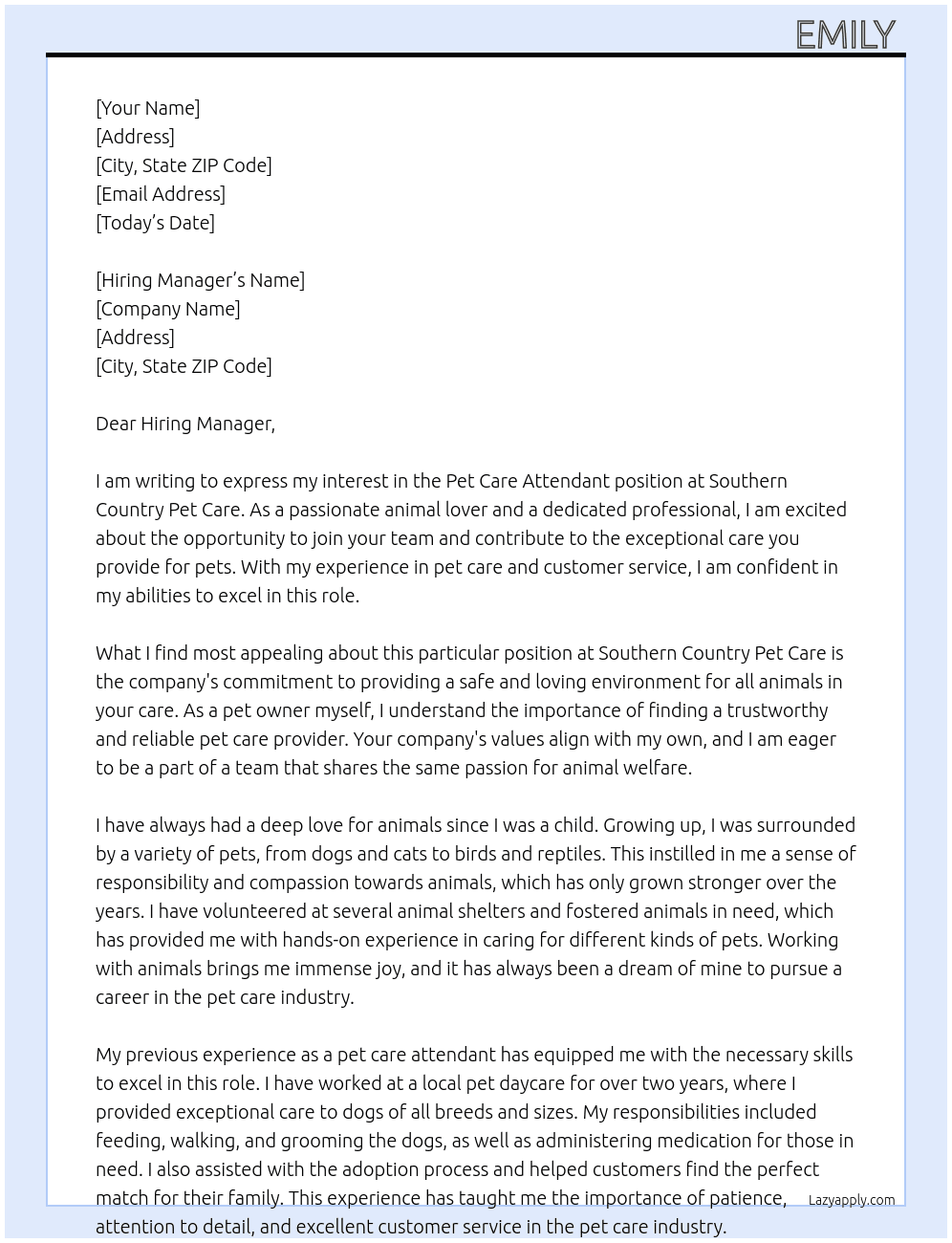 Pet Care Attendant At Southern Country Pet Care Cover Letter