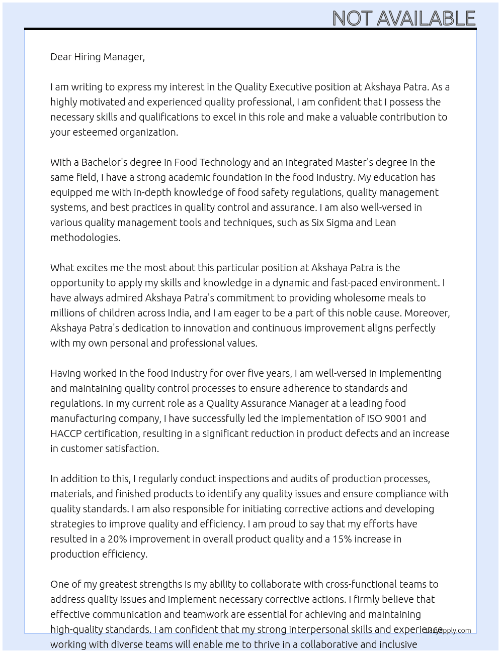 Quality Executive At Akshaya Patra Cover Letter