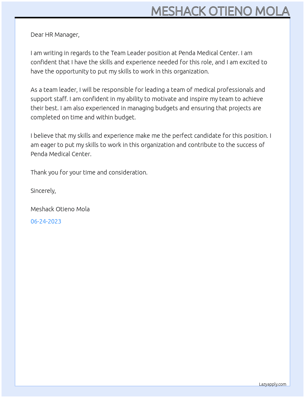Team Leader At Penda Medical center Cover Letter