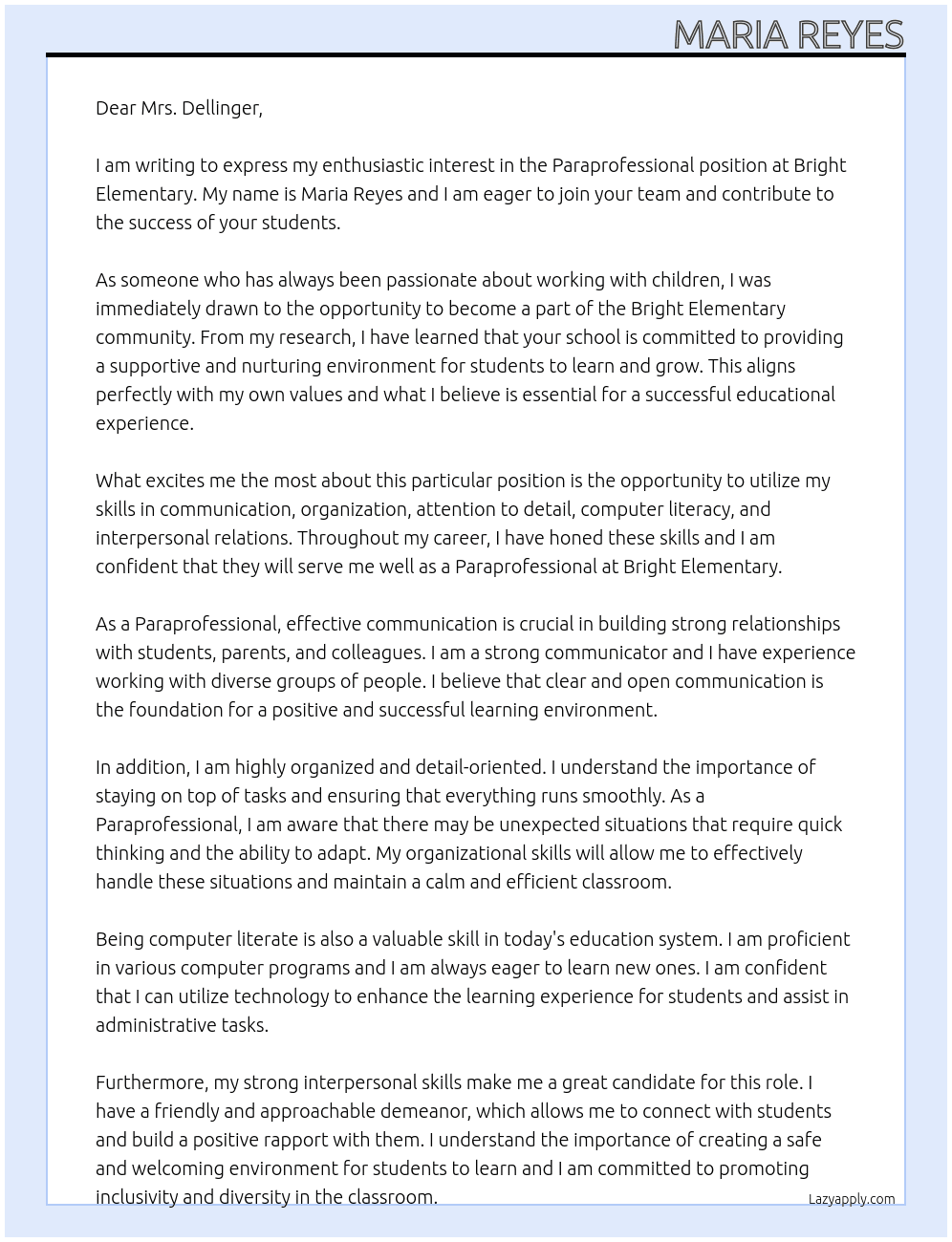 Paraprofessional At Bright Elementary  Cover Letter