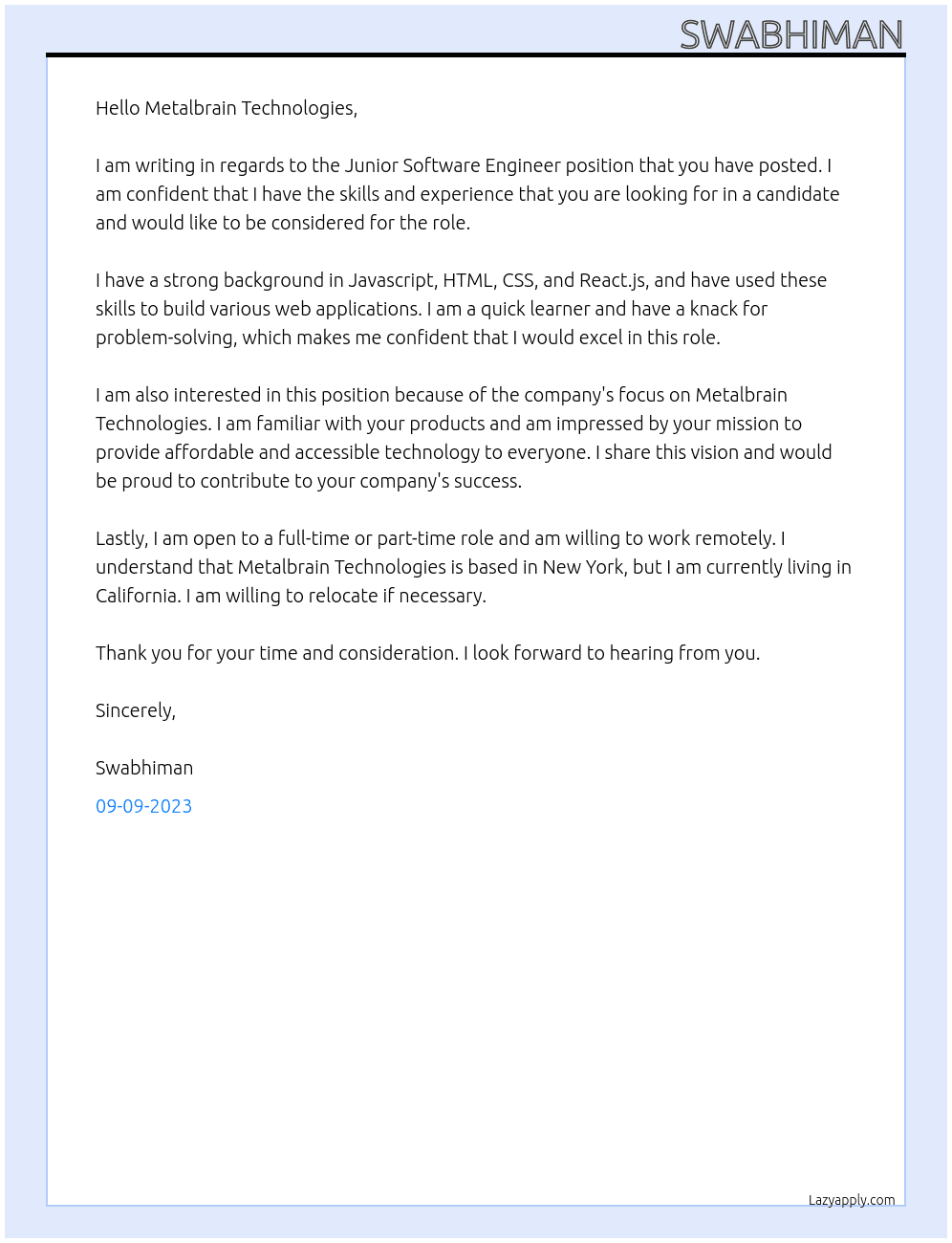 Junior Software Engineer At Metalbrain Technologies Cover Letter