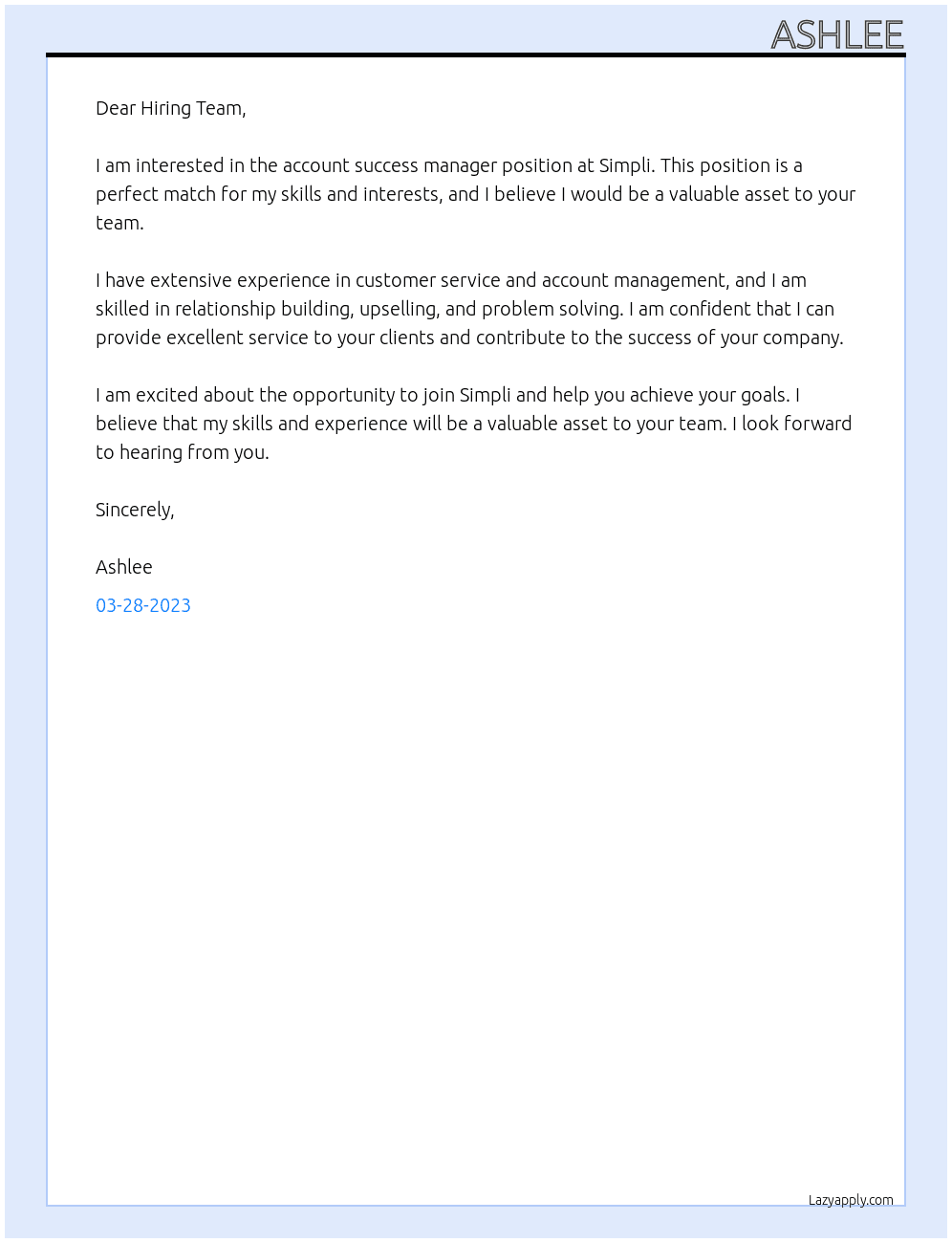 account success manager At Simpli Cover Letter