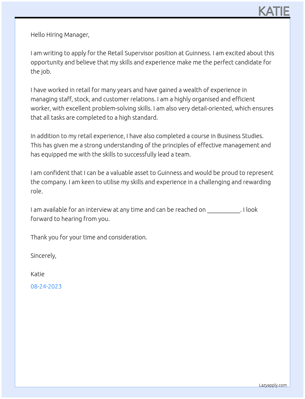 Retail Supervisor At Guinness Cover Letter