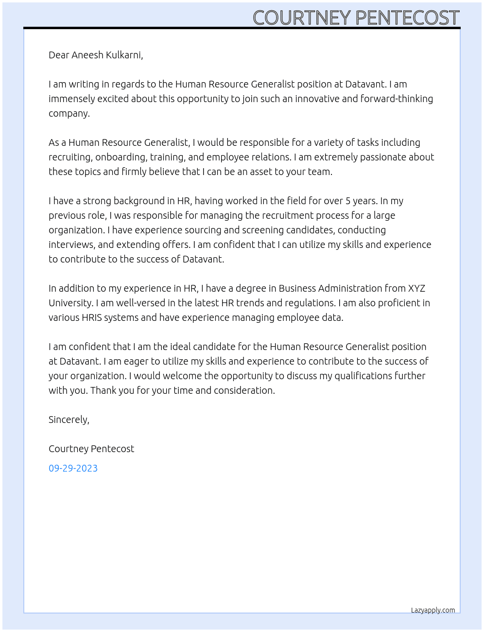 Human Resource Generalist At Datavant Cover Letter