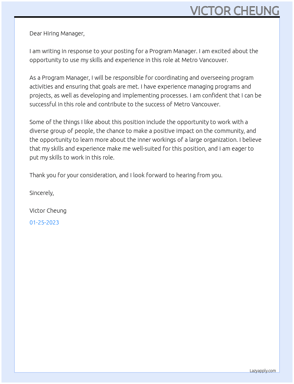 Program Manager At Metro Vancouver Cover Letter