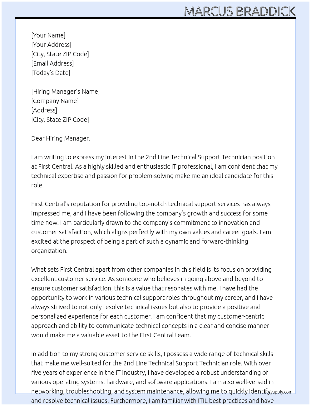 2nd Line Technical Support Technician At First Central Cover Letter