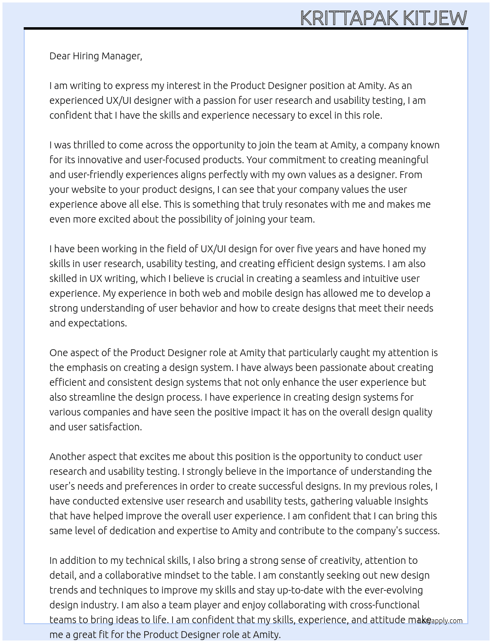 Product designer At Amity Cover Letter