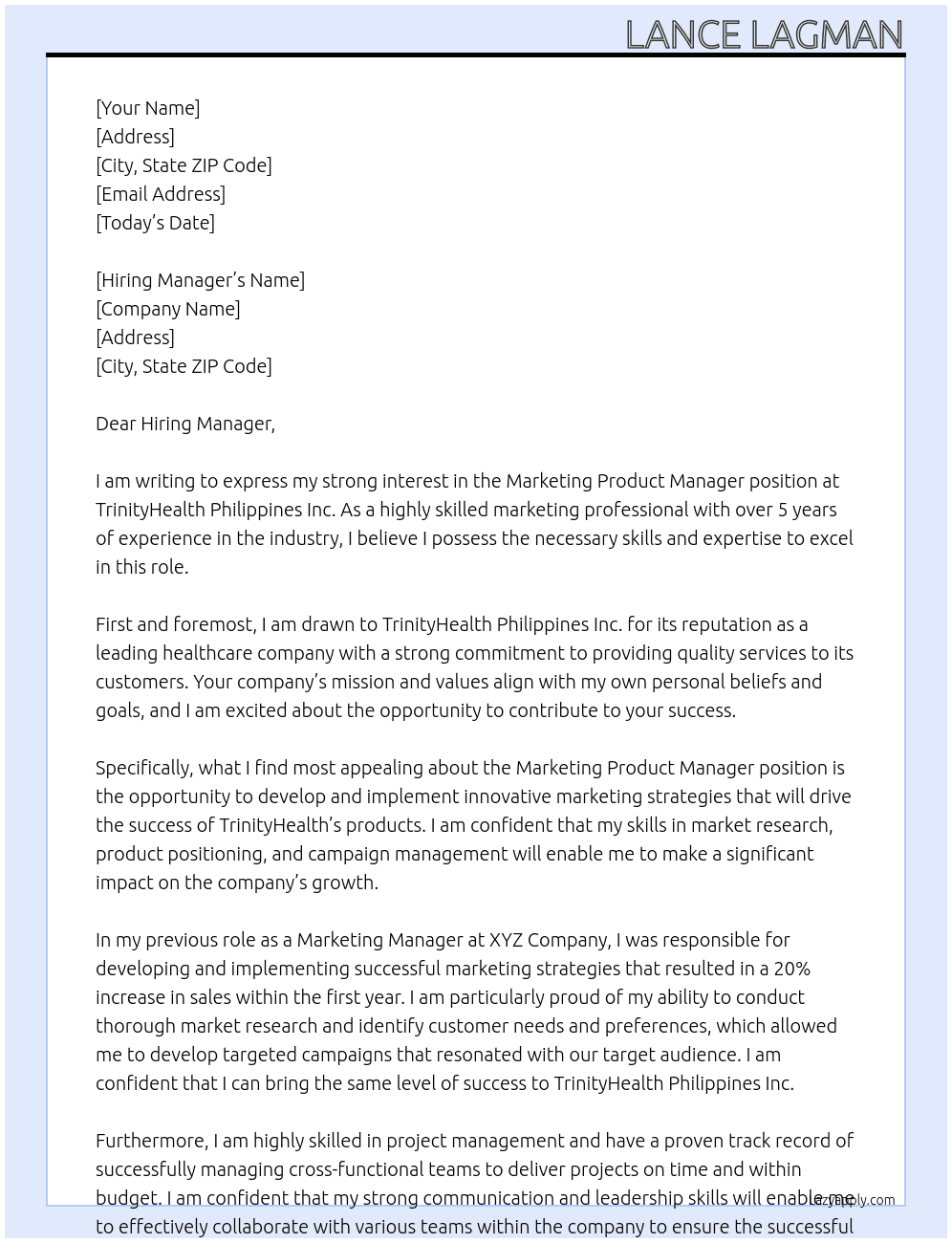 Marketing Product Manager At TrinityHealth Philippines Inc. Cover Letter
