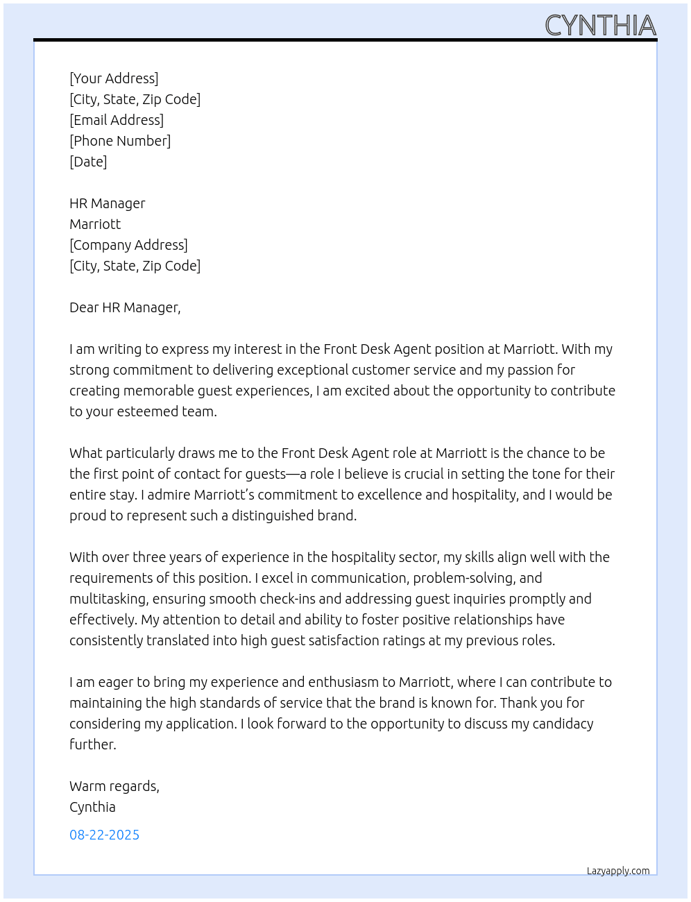 Front Desk Agent At Marriott Cover Letter