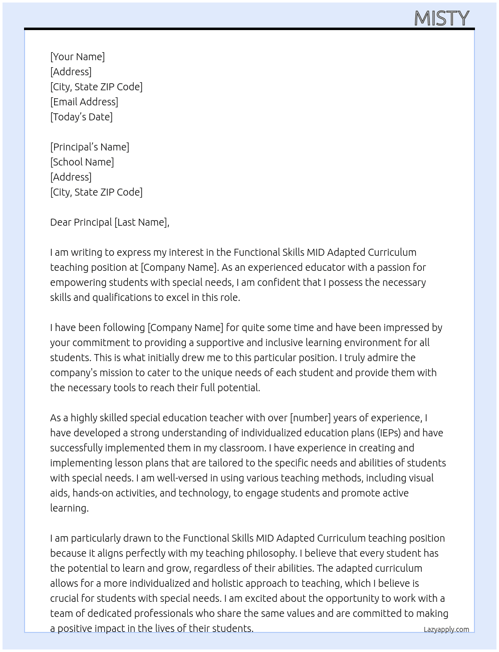 Functional Skills MID Adapted Curriculum At Teaching Position Cover Letter