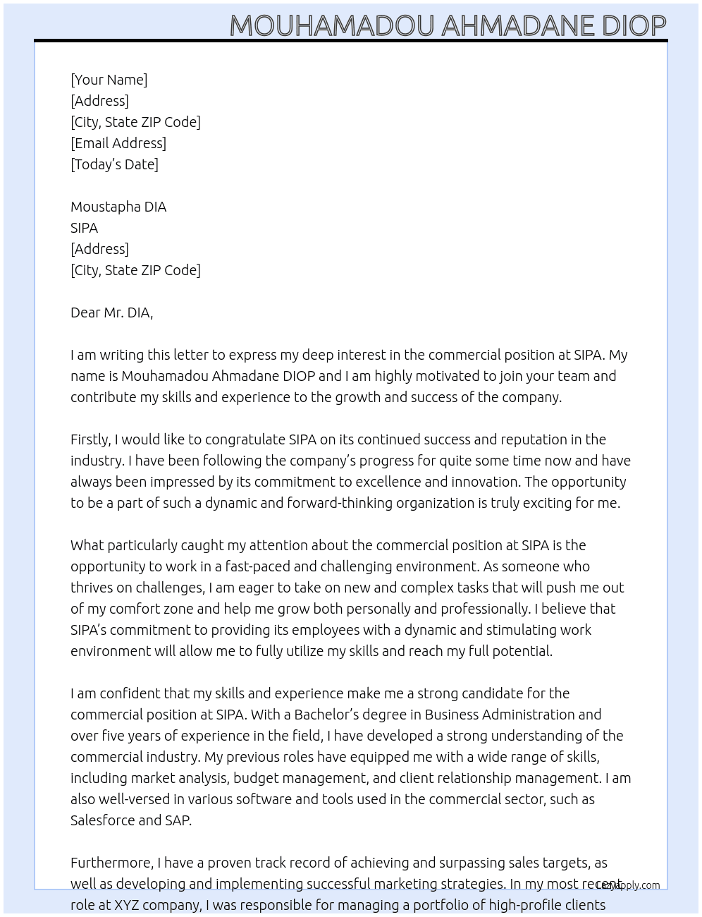 commercial At SIPA Cover Letter
