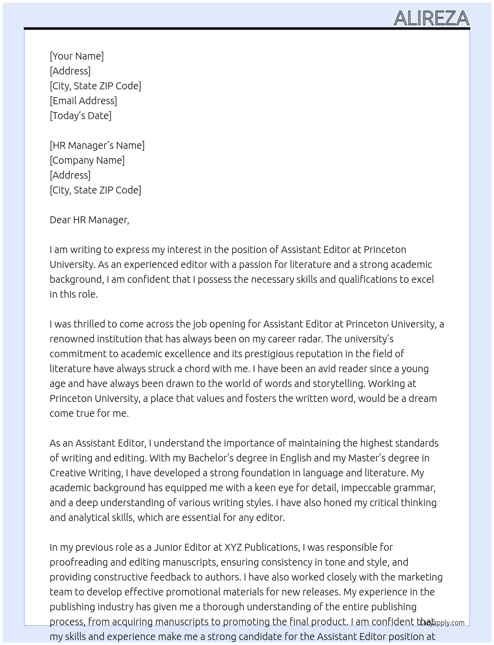 Assistant Editor At Princeton University Cover Letter