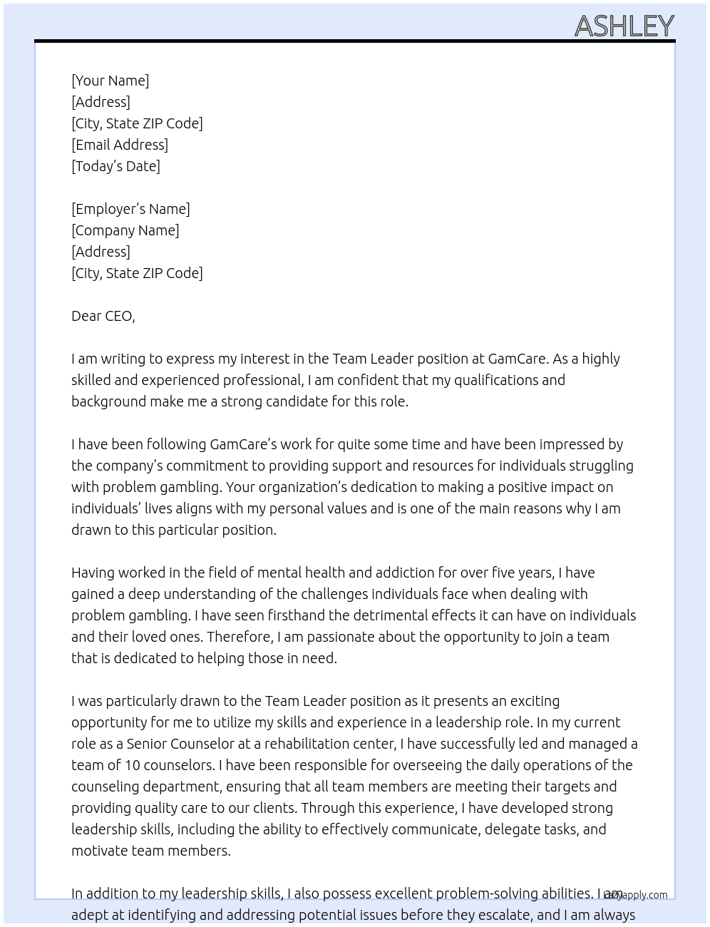 Team Leader At GamCare Cover Letter
