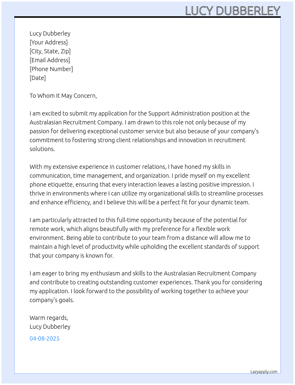 Cover letter for support administration - LazyApply