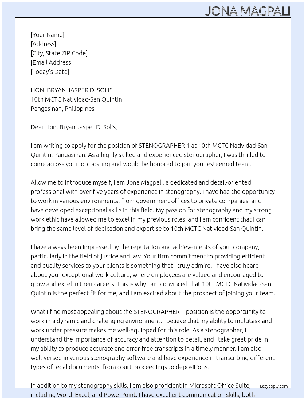 STENOHRAPHER 1 At 10TH MCTC NATIVIDAD-SAN QUINTIN, PANGASINAN Cover Letter