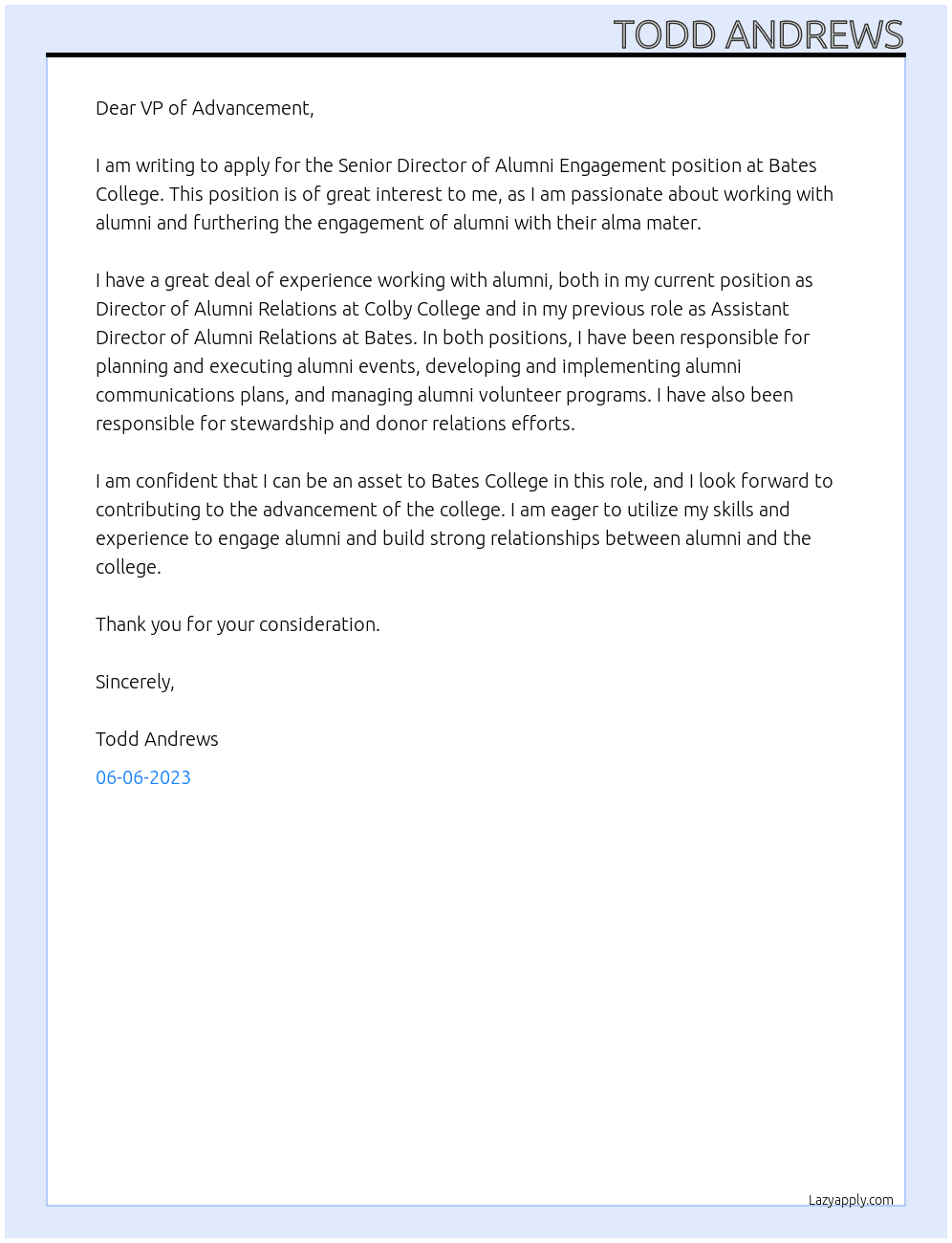 Senior Director of Alumni Engagement At Bates College Cover Letter