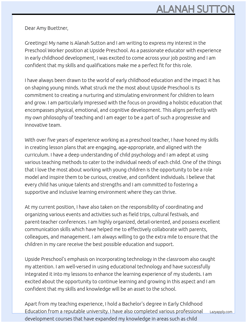 Preschool worker At Upside Preschool  Cover Letter