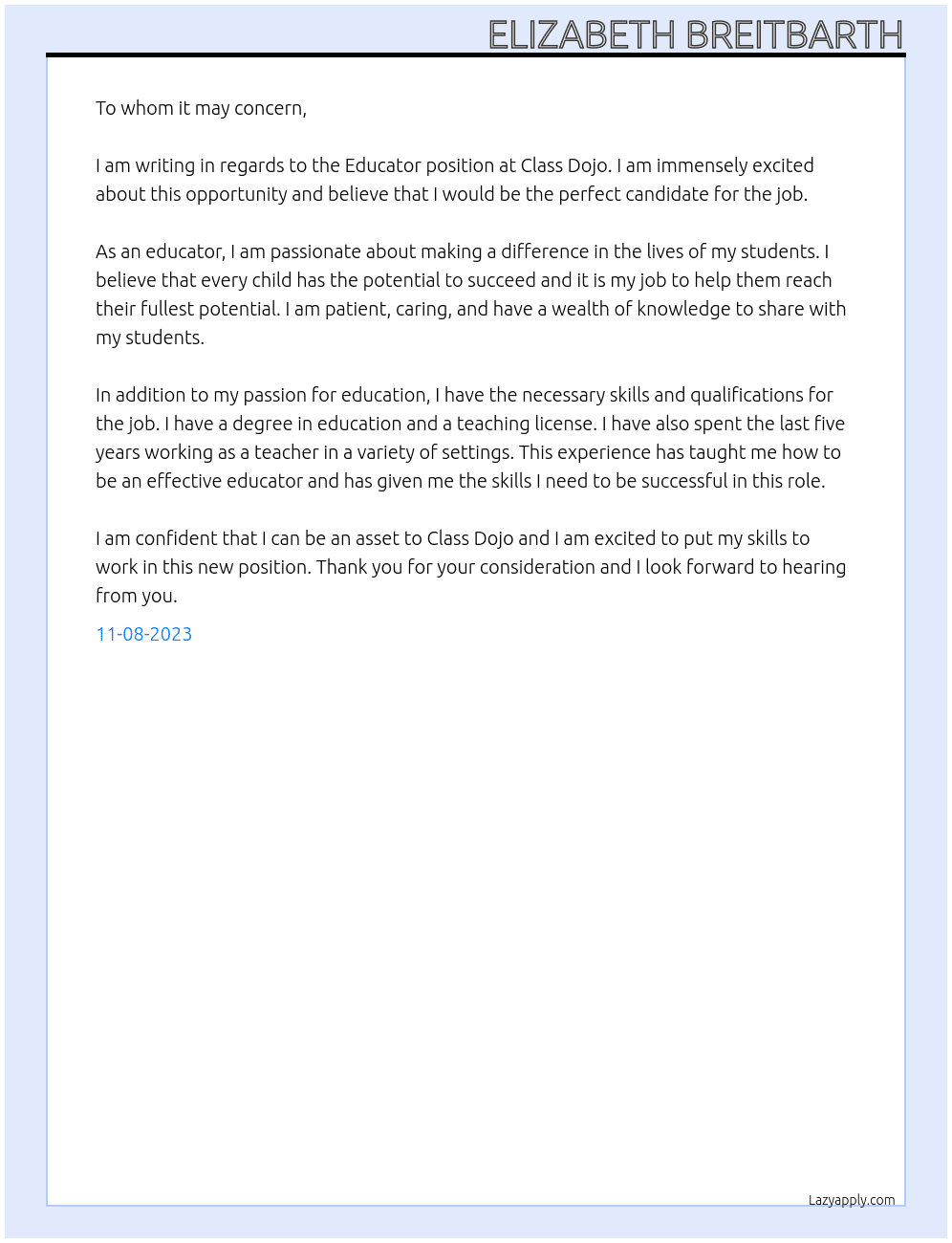Educator At Class Dojo  Cover Letter