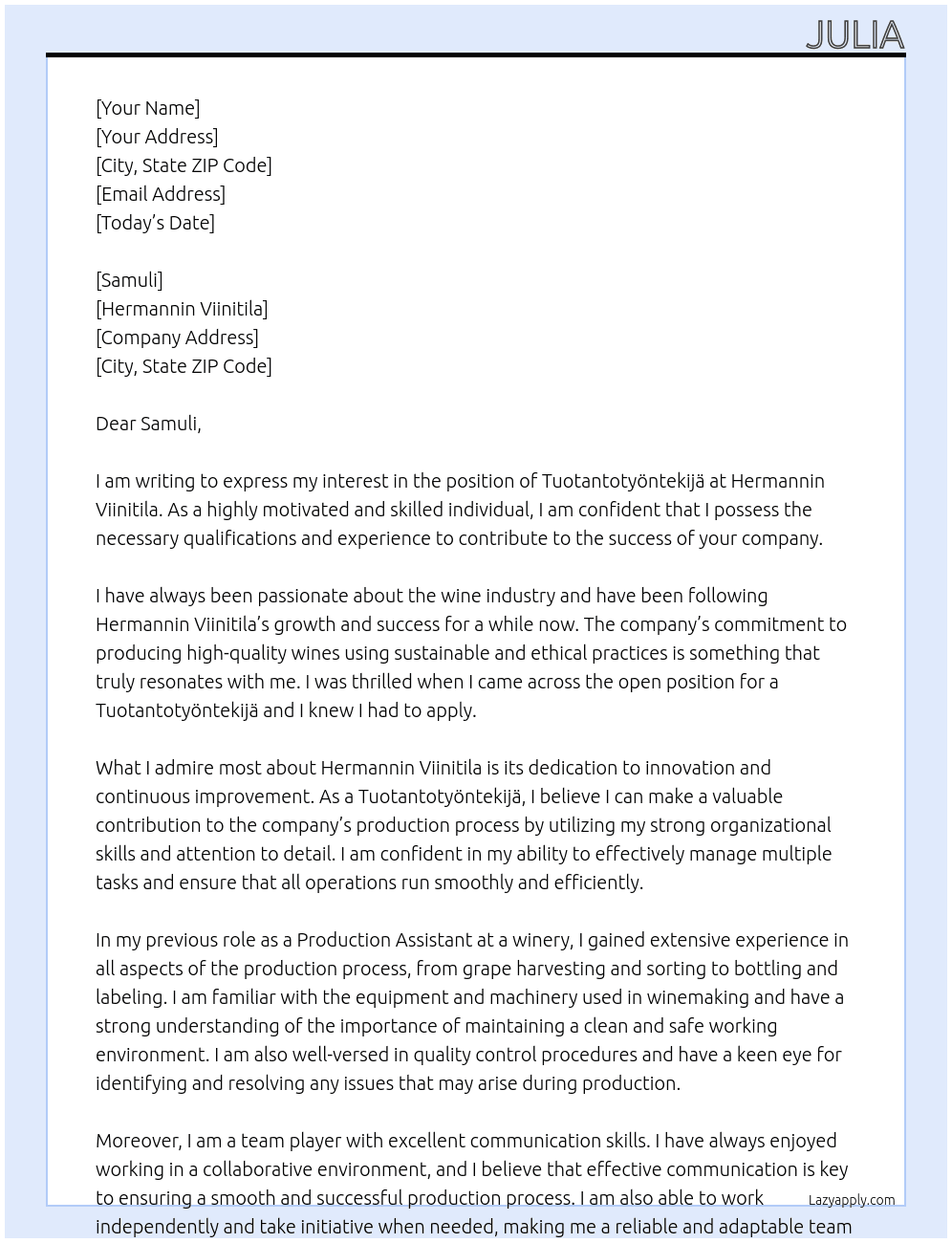 Tuotantotyöntekijä At Hermannin Viinitila Cover Letter