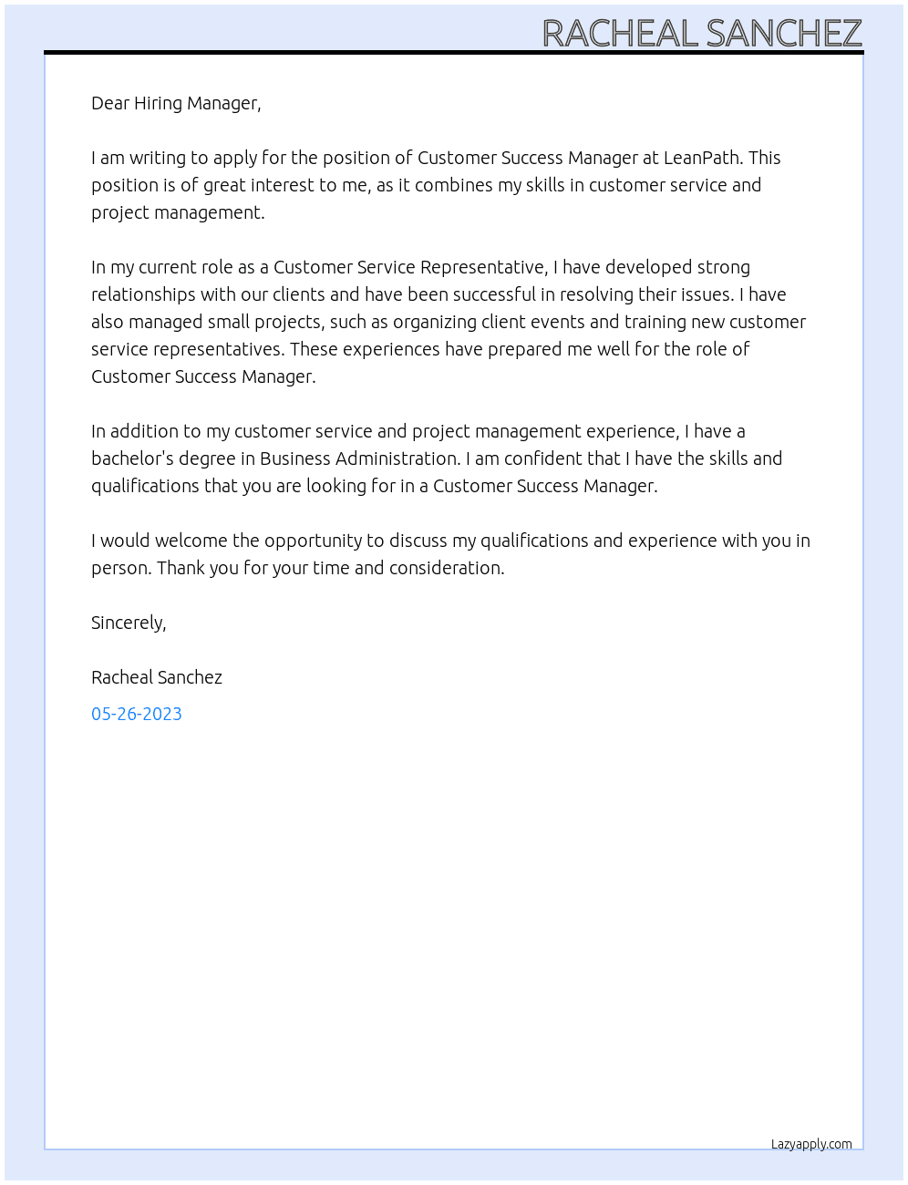 Customer Success Manager At LeanPath Cover Letter