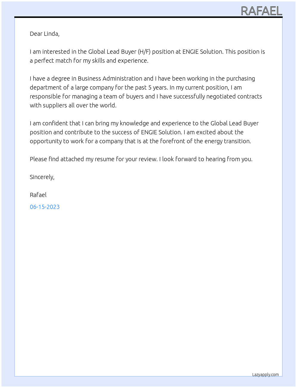 Global Lead Buyer (H/F) At ENGIE Solution  Cover Letter