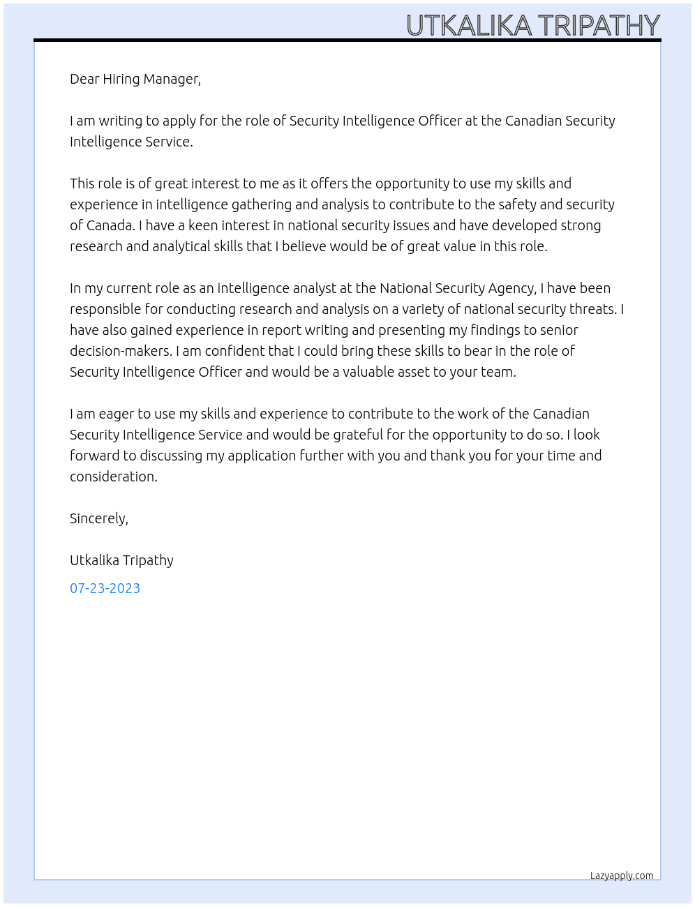 Security Intelligence Officer At Canadian Security Intelligence Service Cover Letter