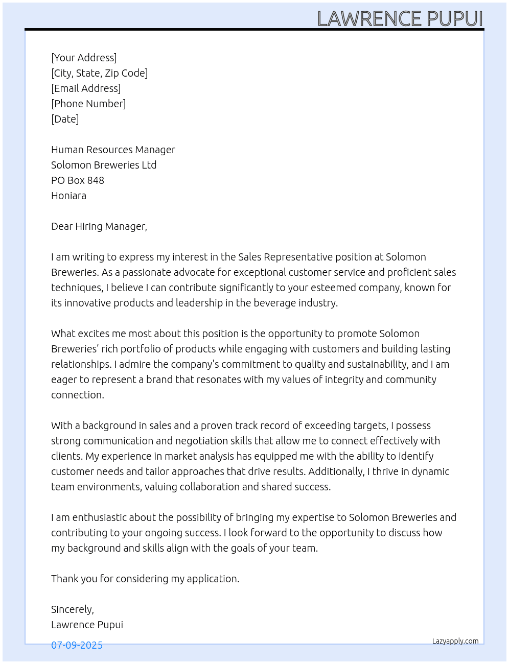 Sales Representatives At Solomon Breweries Cover Letter