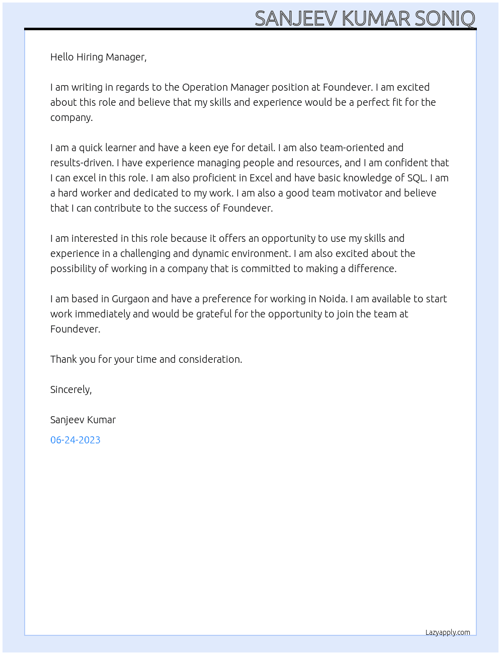 Operation Manager At Foundever Cover Letter