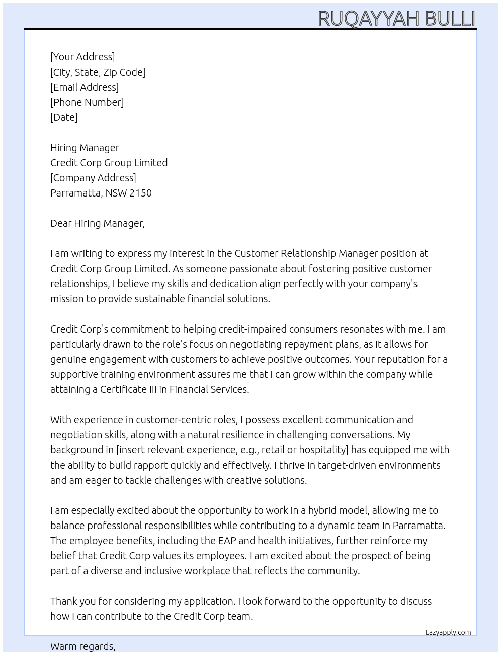 Debt collection At Credit corp group limited Cover Letter