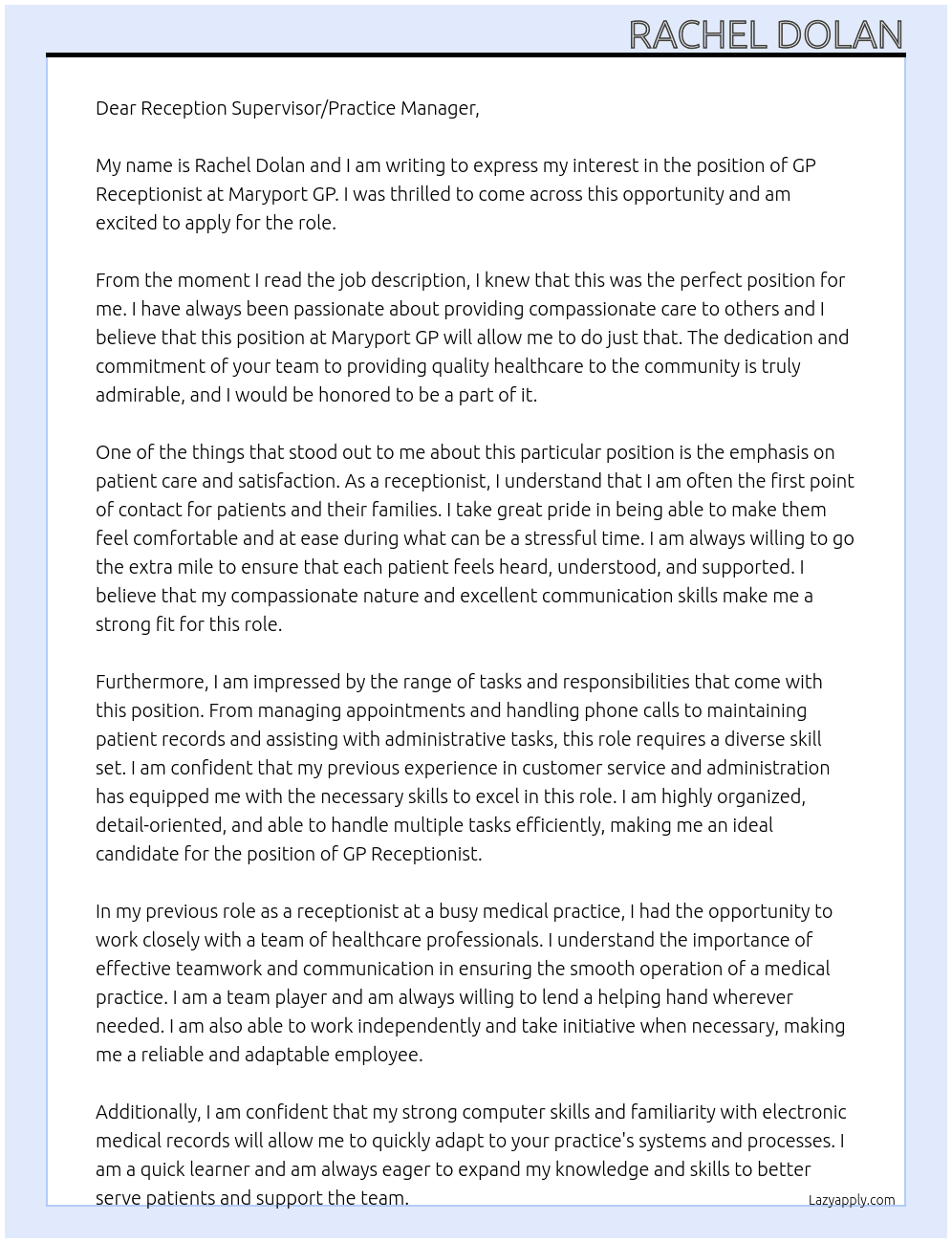 GP Receptionist At Maryport GP Cover Letter