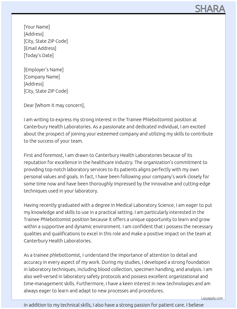 Trainee Phlebottomish At Canterbury Health Labratories Cover Letter