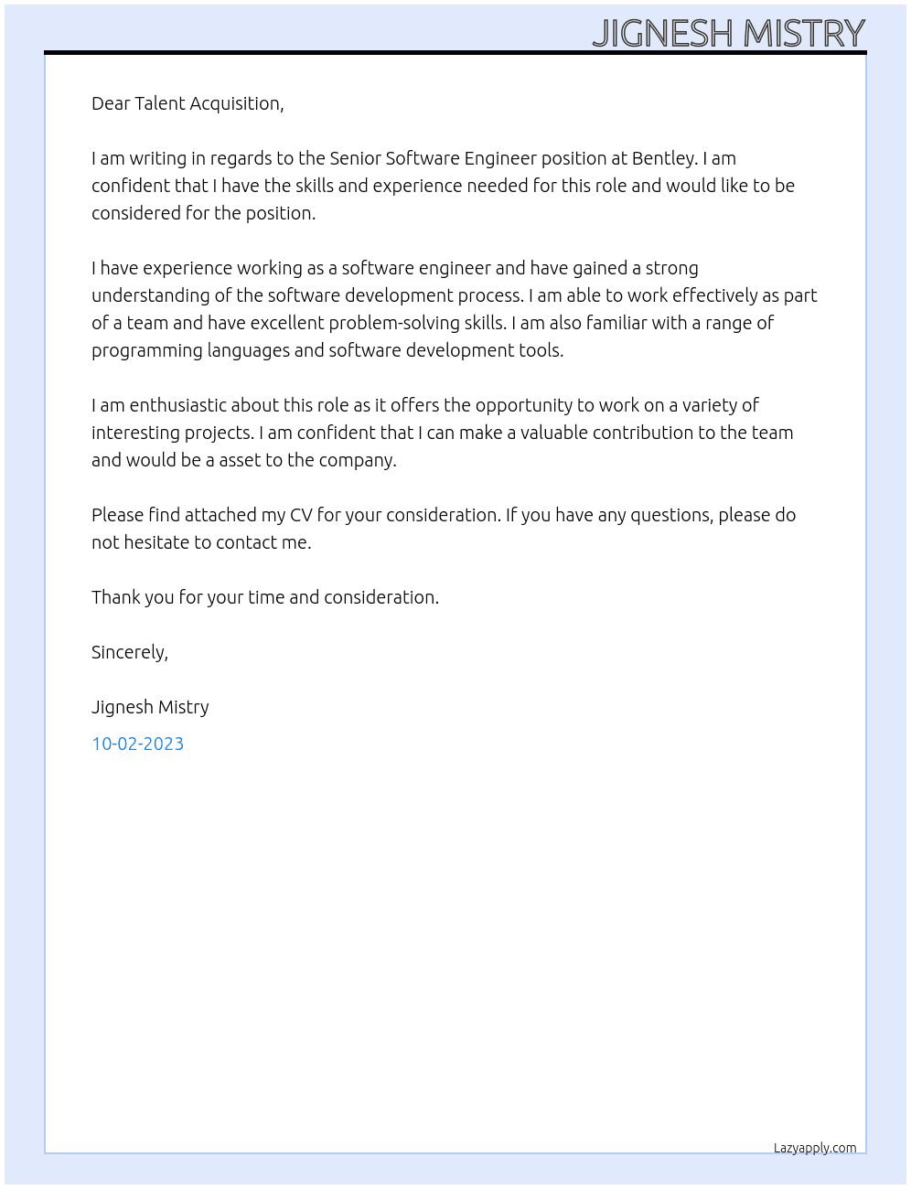 Senior Software Engineer At Bentley Cover Letter