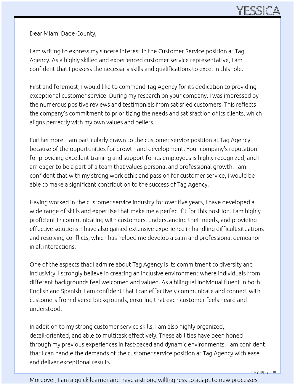 Customer Service At Tag Agency  Cover Letter