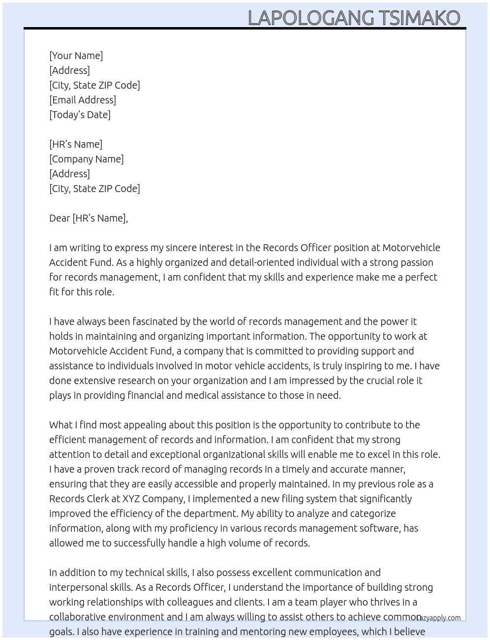 Records officer  At Motorvehicle Accident Fund Cover Letter