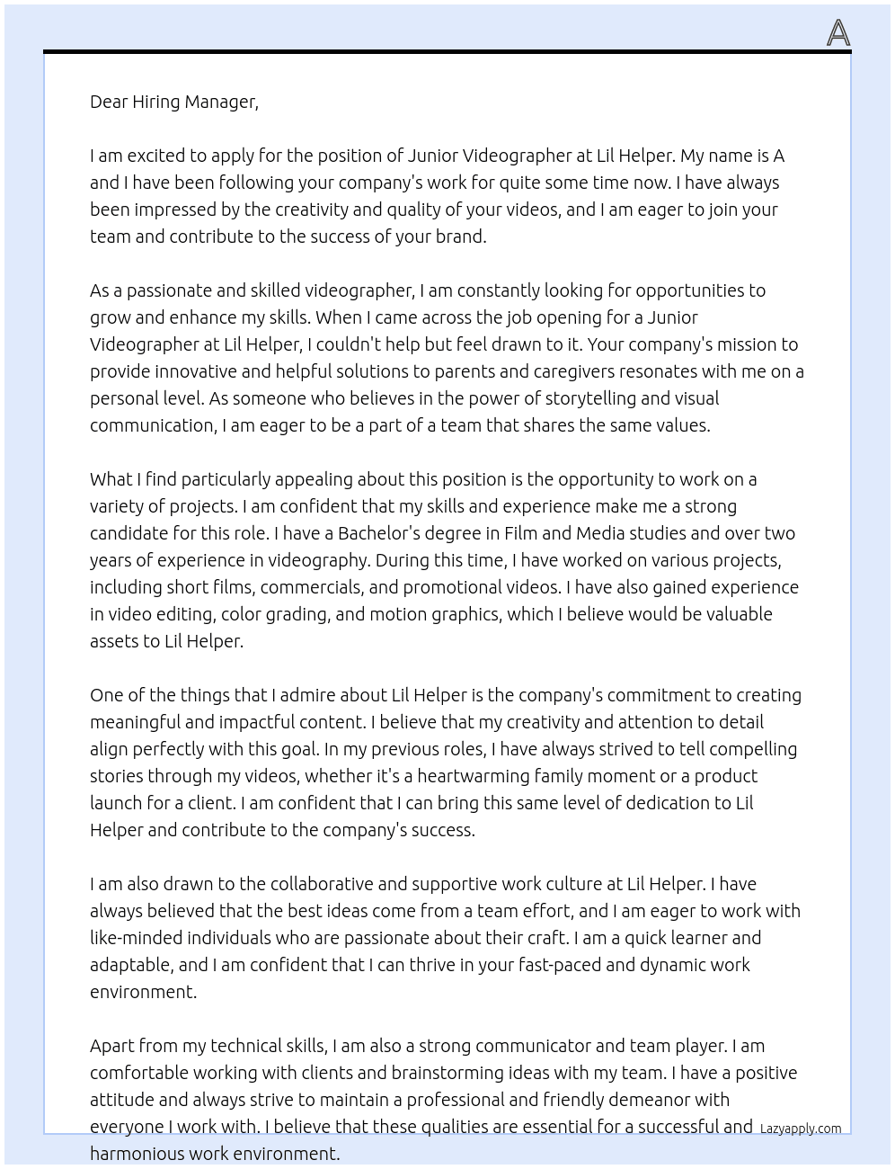 Junior Videographer At Lil Helper Cover Letter
