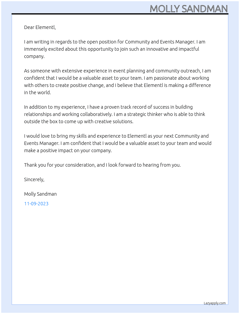 Community and Events Manager At Elementl Cover Letter