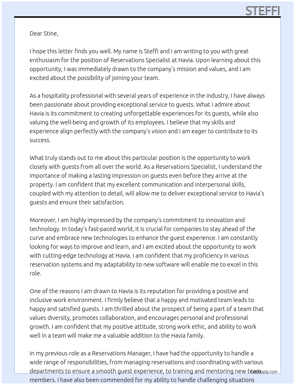 reservations specialist At havia Cover Letter