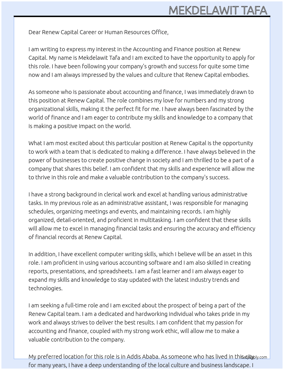 Accounting and finance  At Renew capital  Cover Letter