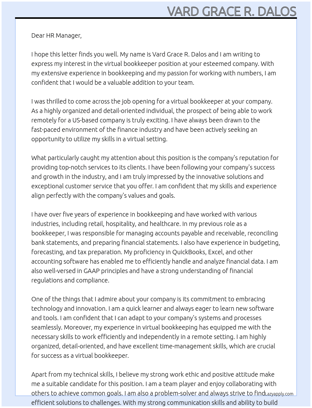 virtual bookkeeper At US company Cover Letter