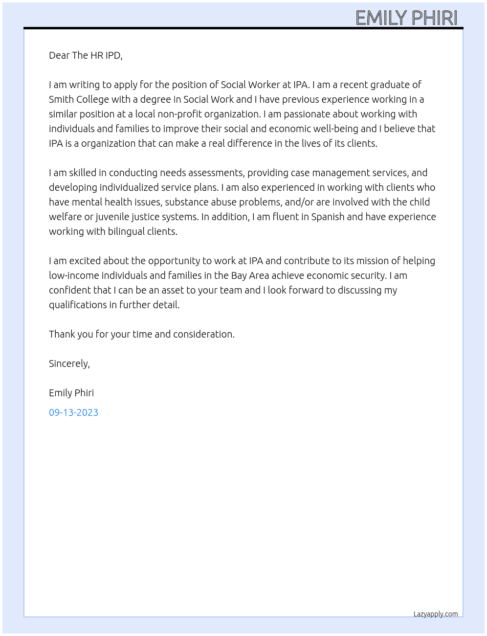 Social Worker  At IPA Cover Letter
