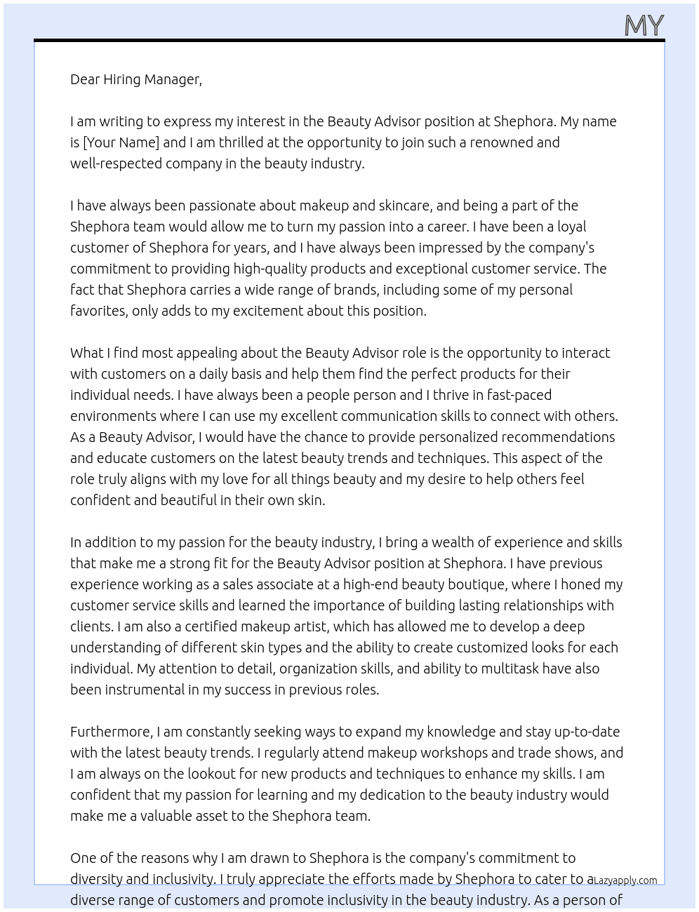 beauty advisor At Shephora Cover Letter