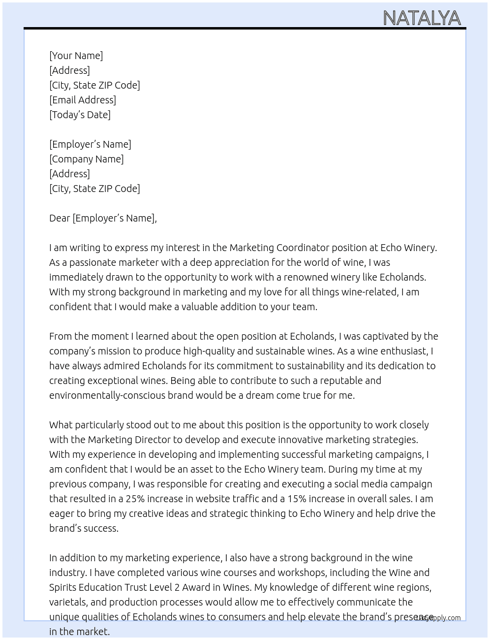 Marketing coordinador  At Echo winery  Cover Letter