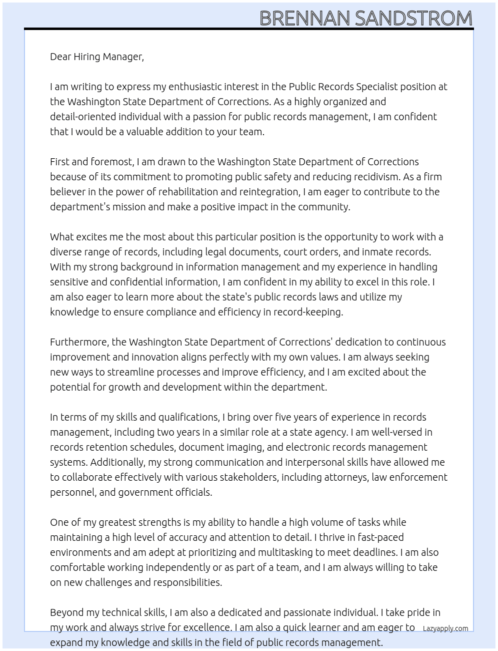 public records specialist At Washington State Department of Correction Cover Letter
