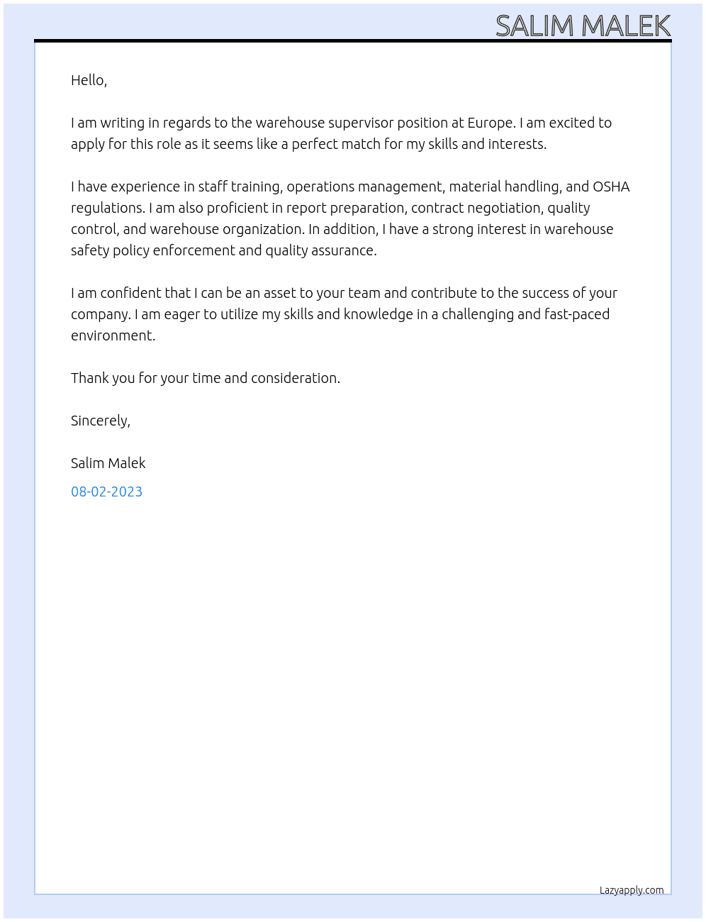WAREHOUSE SUPERVISOR At europe Cover Letter