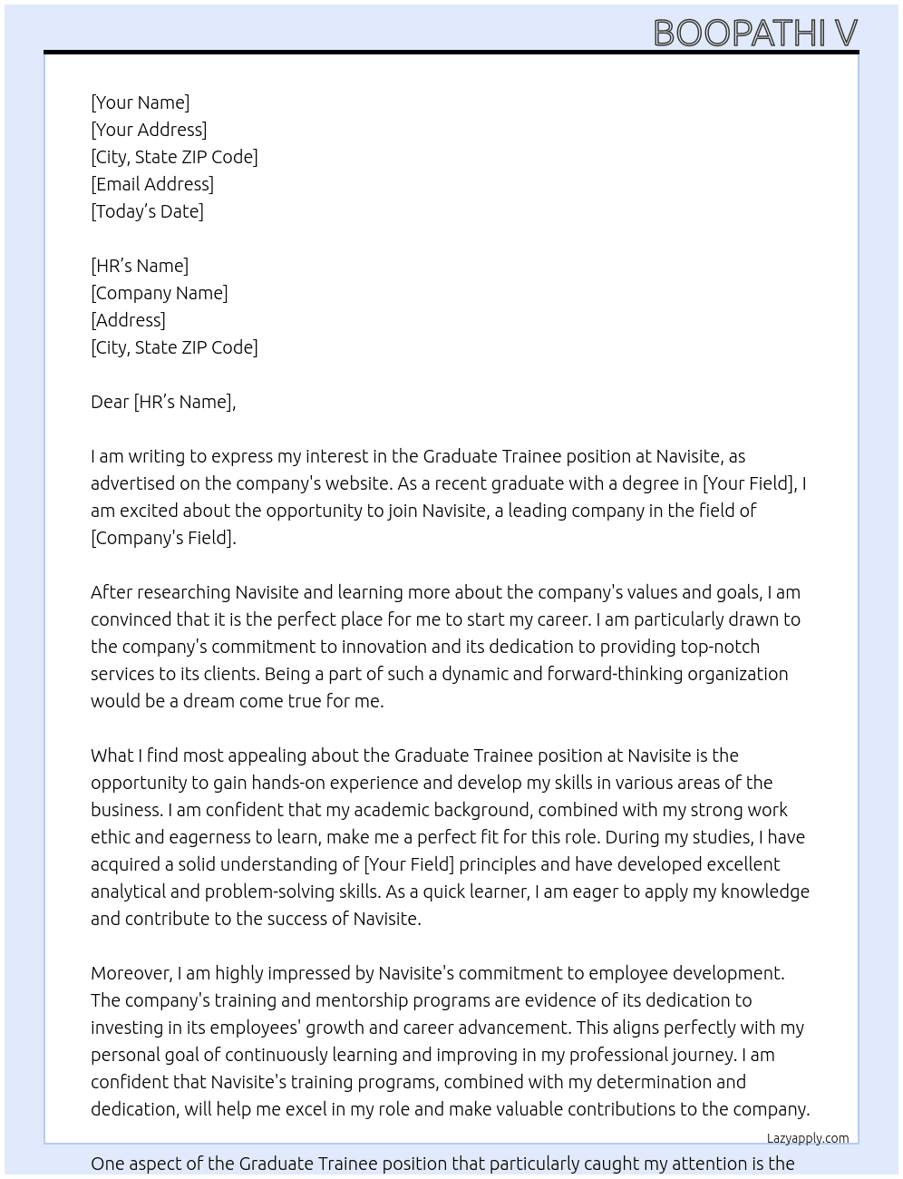 Graduate trainee  At Navisite Cover Letter
