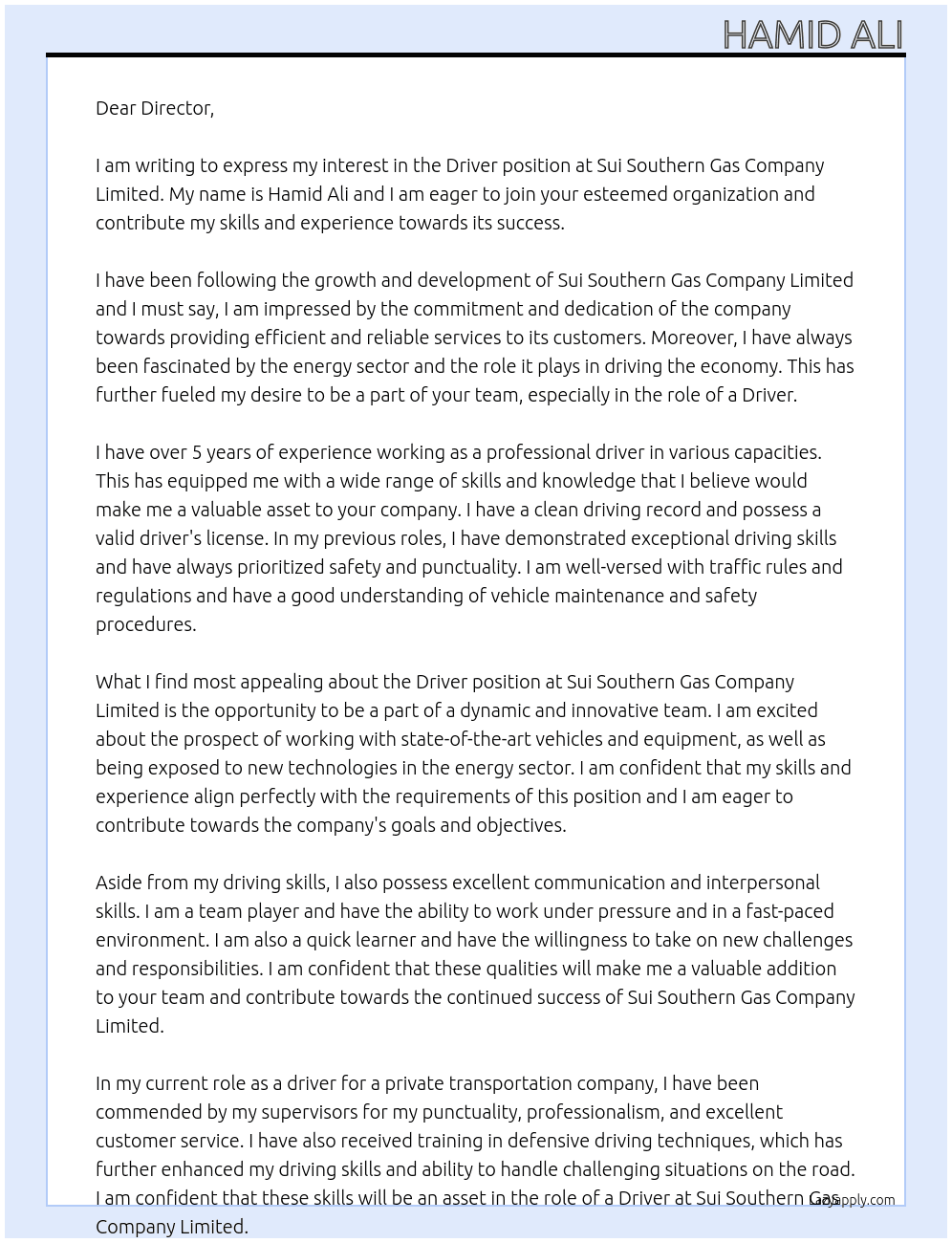 Driver At Sui Southern Gas Company Limited Cover Letter