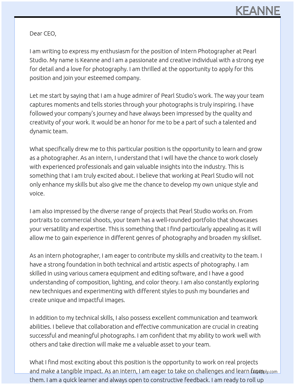 INTERN PHOTOGRAPHER At PEARL STUDIO Cover Letter